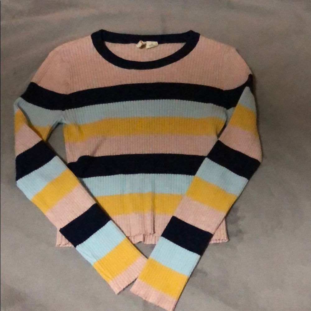 Sky and Sparrow Ribbed Stripped Cropped Sweater